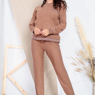 Brown tracksuit set with patterned trim and chest pocket