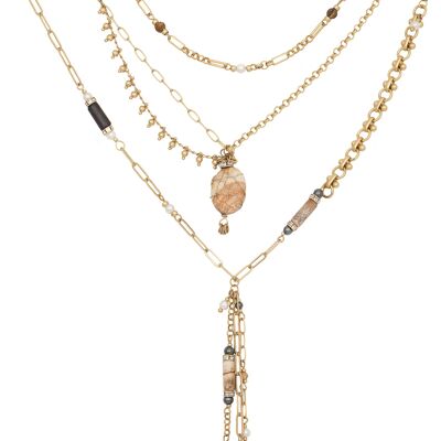 Bibi Bijoux Collier superposé de perles et de breloques enveloppées d'or