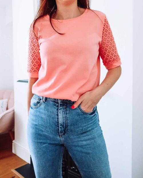 Coral Cotton Lace Sleeve T-Shirt