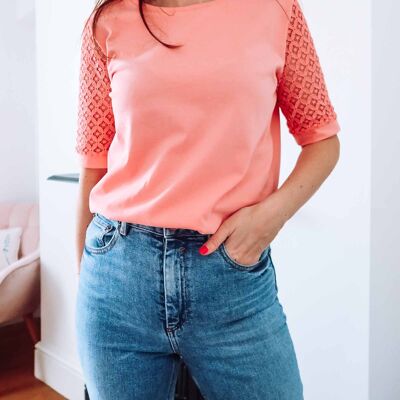 Coral Cotton Lace Sleeve T-Shirt