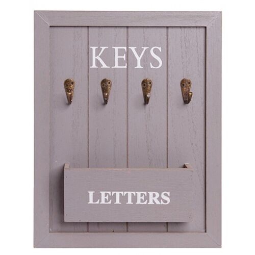 Key holder 4 places wooden and slot for mail in gray color.  Dimensions: 24x31x5cm