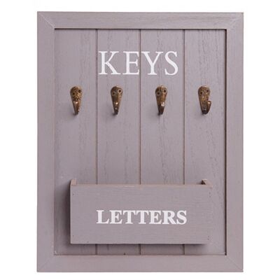 Schlüsselhalter mit 4 Plätzen aus Holz und Schlitz für Post in grauer Farbe. Abmessungen: 24x31x5cm