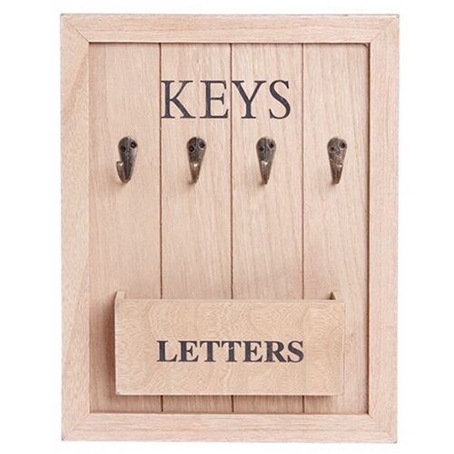 Key holder 4 places wooden and slot for mail in beige color.  Dimensions: 24x31x5cm