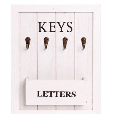 Porte-clés 4 places en bois et fente pour courrier de couleur blanche. Dimensions : 24x31x5cm