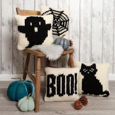 Kit de tricot pour housse de coussin Halloween - 4 motifs fantasmagoriques