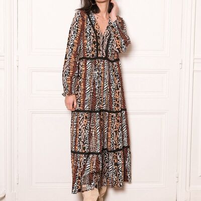 Maxi long dress in LUREX animal print with buttoned lace in front
