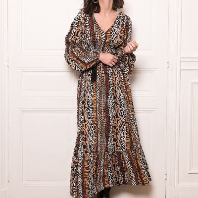 V-neck maxi dress adorned with Paisley printed buttons with Lurex, invisible pockets