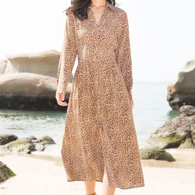 Loose Fit Ruched Printed Shirt-Style Maxi Dress