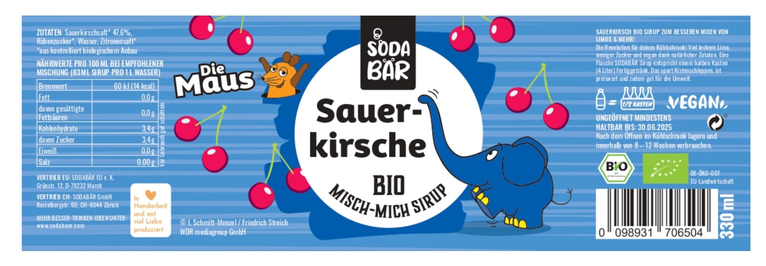 Sirup Bio Maus > Sauerkirsche > MischMich bis zu 4 L Getränk, 100% Bio, 100% lecker und 100% Maus