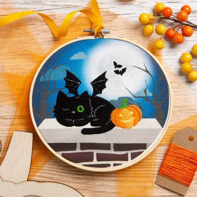 Kit de débutants en broderie chat noir Halloween