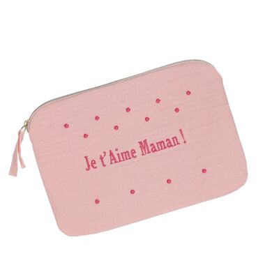 Cotton Gauze Pouch I love you Mom! Pink
