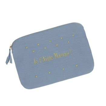 Pochette en Gaze de coton Je t'aime Maman ! Bleu clair