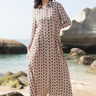 Loose Fit Ruched Printed Shirt-Style Maxi Dress