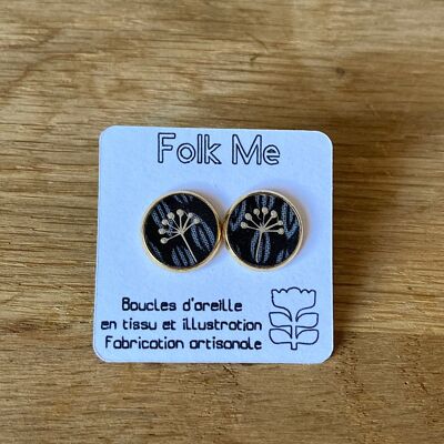 Stud earrings, fabric, illustration and resin.