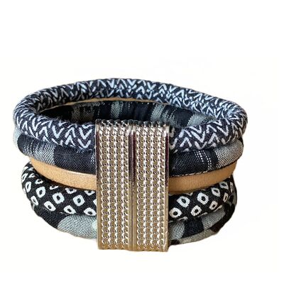 5 row fabric and leather bracelet, silver metal magnetic clasp.