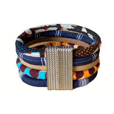 6-row fabric and leather bracelet, silver-tone metal magnetic clasp.