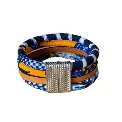 4-row fabric and leather bracelet, silver-tone metal magnetic clasp.