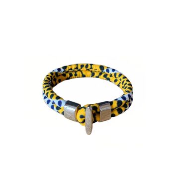 Bracelet en tissu wax jaune et bleu marine. 1