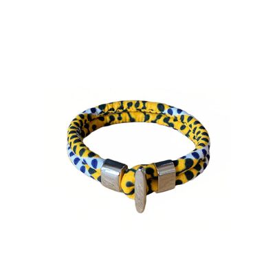 Bracelet in yellow and navy blue wax fabric.