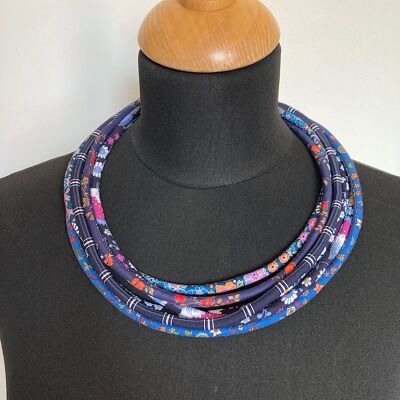 6-row fabric necklace, floral fabrics, blue tones.
