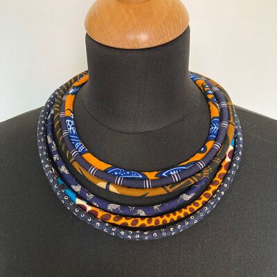 6-row fabric necklace, wax fabrics in blue and orange tones.