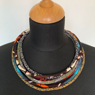 6-row fabric necklace, wax fabrics in khaki and blue tones