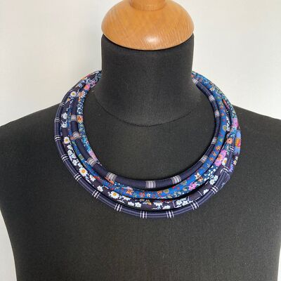 6-row fabric necklace, blue tones, tartan and floral fabrics.