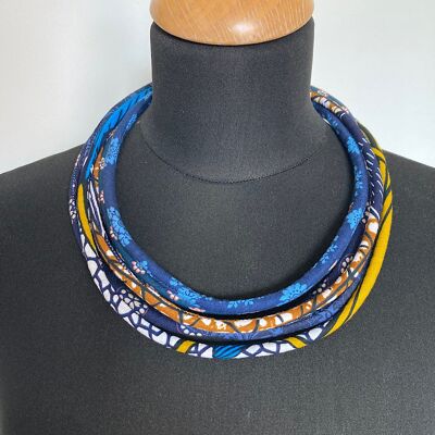 6-row fabric necklace, blue tones, wax fabrics.