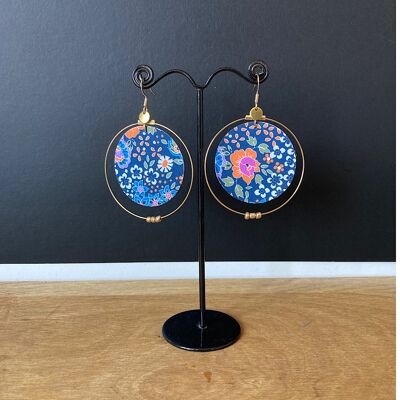 Earrings in floral liberty fabric, golden creole.