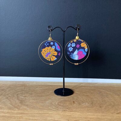 Earrings in black, yellow and purple floral fabric, golden creole.