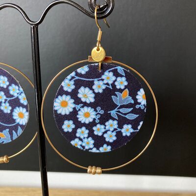 Earrings in black floral fabric, golden creole.