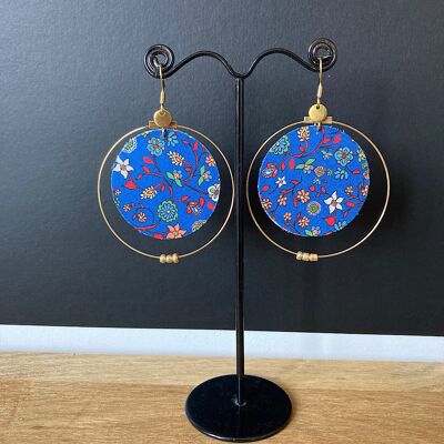 Earrings in blue floral fabric, golden creole.