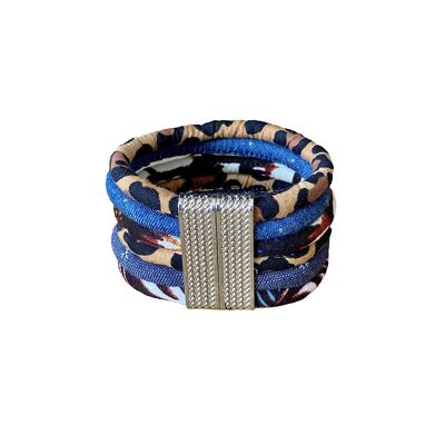 Bracelet manchette en tissus, fermoir aimanté, tons bleu et marron.