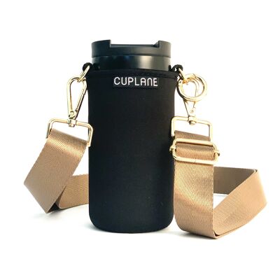 Cup Holder To Go Set CUPLANE Black Sleeve, Black Cup & Gold Strap