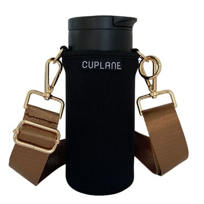 Cup Holder To Go Set CUPLANE Black Sleeve, Black Cup & Gold Strap