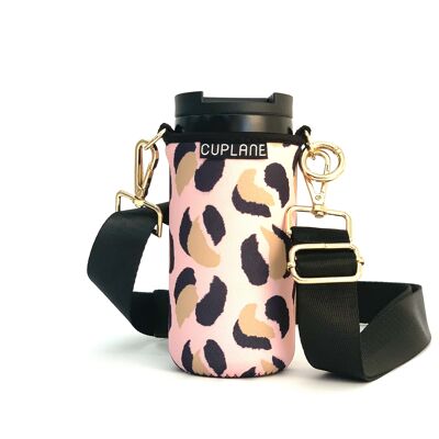Cup Holder To Go Set CUPLANE Pink Leo Sleeve, Black Cup & Black Strap