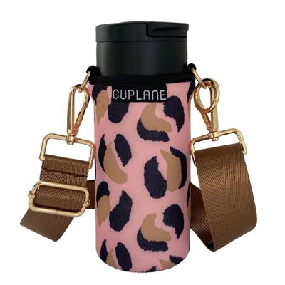 Cup Holder To Go Set CUPLANE Pink Leo Sleeve, Black Cup & Gold Strap