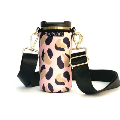 Cup Holder To Go Set CUPLANE Pink Leo Sleeve, Gold Cup & Black Strap