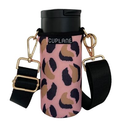 Cup Holder To Go Set CUPLANE Pink Leo Sleeve, Black Cup & Black Strap