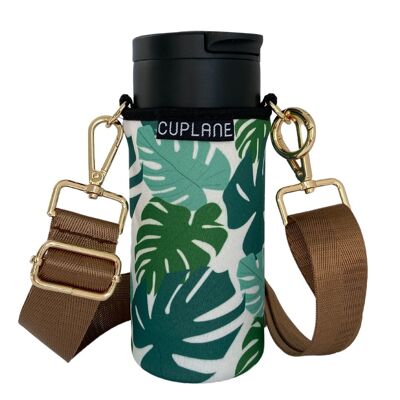 Cup Holder To Go Set CUPLANE Green Leaf Sleeve, Black Cup & Gold Strap