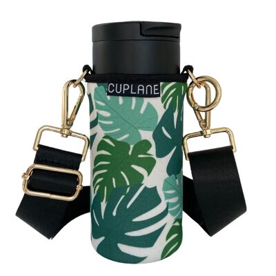 Cup Holder To Go Set CUPLANE Green Leaf Sleeve, Black Cup & Black Strap