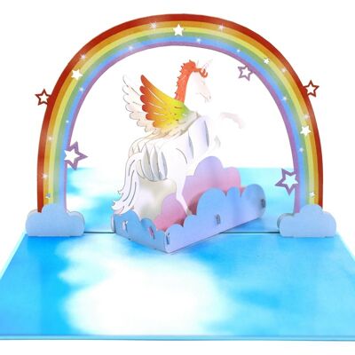 Tarjeta de felicitación emergente unicornio blanco con arco iris