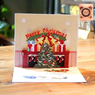 Cartolina di Natale pop-up Natale Accogliente vicino al camino Albero di Natale e regali con pannello dei messaggi