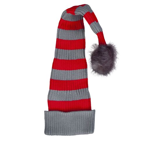 Flat Knitted Santa Hat Red and Grey Stripes