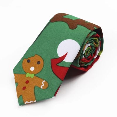 Cravate de Noël "Vert avec bonhomme en pain d'épice"