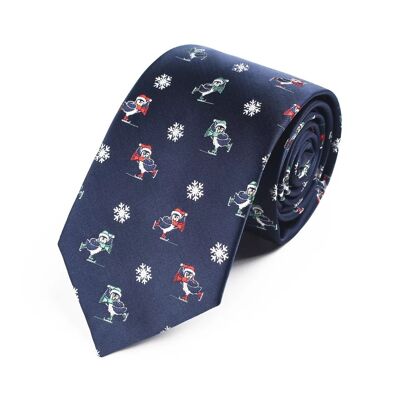Cravate de Noël "Bleu avec Patin à Glace Pingouins"