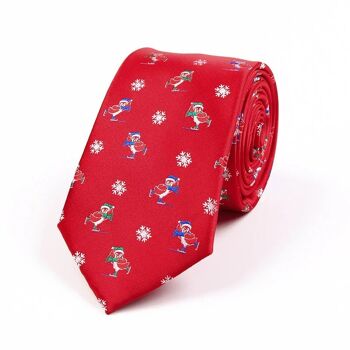 Cravate de Noël "Rouge avec Patin à Glace Pingouins" 1