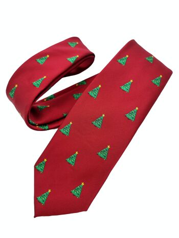 Cravate de Noël "Rouge profond avec sapins de Noël" 4