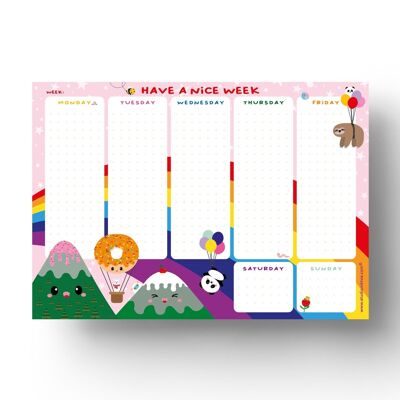 Agenda semanal con lindo panda kawaii y arcoiris A5