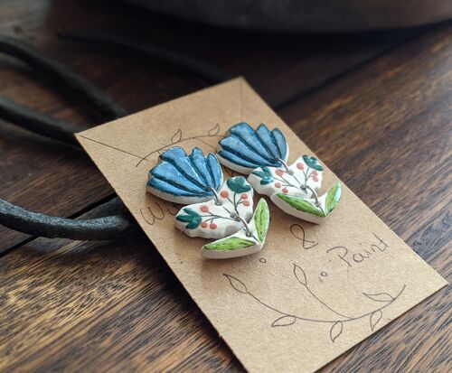 Blue flower earrings, 3 piece floral earrings, handmade air dry clay flower earrings